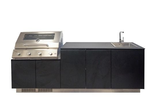 Cucina da esterno Garden Chef linea Demetra, con barbecue inox 4 fuochi e lavello, 240cm