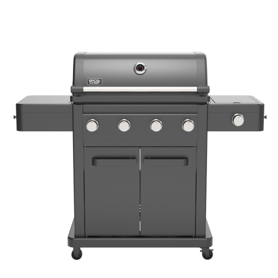 Tahoe Gas Grill with Cart, 4 Burners and Side Burner, Black with Silver Knobs - Broil Chef