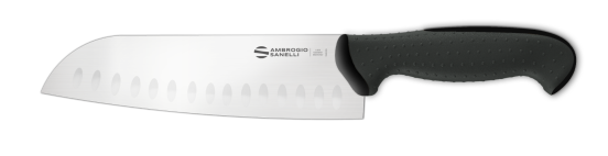 Coltello Santoku linea Tecna di Sanelli Ambrogio, lama alveolata cm 18, manico nero