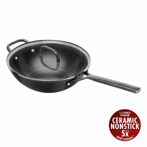Zwilling Milano Line Non-Stick Aluminum Wok with Lid, 30cm Diameter, Black