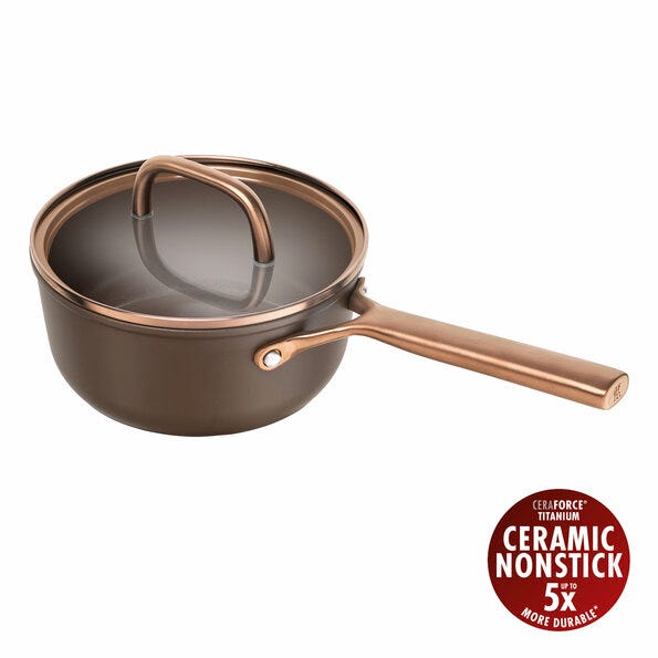 Zwilling Milano Non-Stick Aluminum Saucepan with One Handle, PFAS-Free, with Lid, 18cm Diameter, Brown